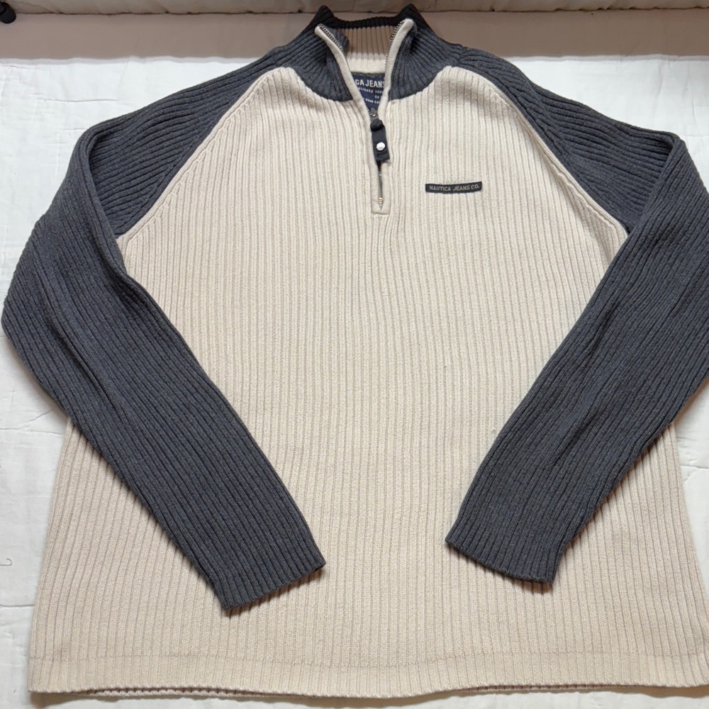 Nautica Jeans Y2K 1/4 Zip Ribbed Pull-over Two-Tone Sweater/ Charcoal and Cream